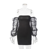 2021 women's sexy off shoulder solid color Hip Wrap Skirt drawstring lace up pleated perspective bubble sleeve dress summer
