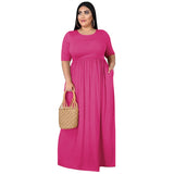Plus Size Dress Summer Women Clothing Solid Color Round Neck Loose Casual  Dress
