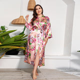 Plus Size Russian American Emulation Silk Nightgown Long-Sleeved Home Wear Women Leopard Print Wearable