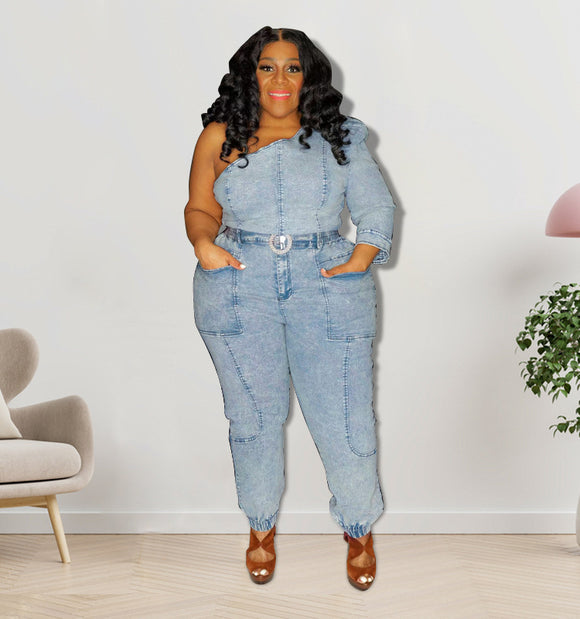 Plus Size Women Clothing Spring Sexy Shoulder Single Sleeve Washing Gray Series Fashion Suit