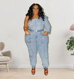 Plus Size Women Clothing Spring Sexy Shoulder Single Sleeve Washing Gray Series Fashion Suit