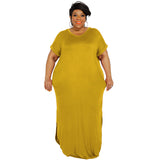 Plus Size Summer New Solid Color round Neck  Dress Slit Hemline at Hem Loose Skirt
