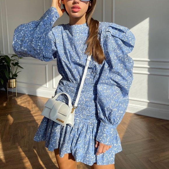 Women Clothing Spring Printed Floral  Dress Long Sleeve Cinched Pleated Casual Dress