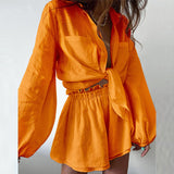 Summer Women Casual Solid Color Ruffles Shorts Long Sleeve Suit