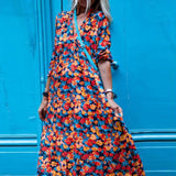 Early printed chiffon high waist commuter V-neck dress