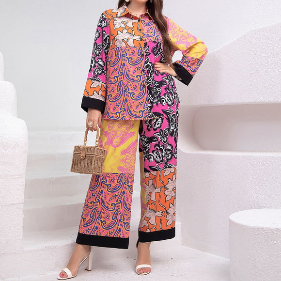 Plus Size Loose Retro Colorful Shirt Collar Office Artistic Middle East Lace Shirt Outfit Women