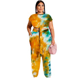 Plus Size Tie-Dye Printed Lace up Casual Set  Women Two-Piece Suit