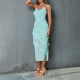 Summer Women Sexy Dress Semi Transparent Stitching Sleeveless Backless Halter Dress