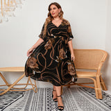 Plus Size Summer Ladies Printed V neck Bell Sleeve Large Swing Casual Vacation Dress