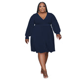 Plus Size Women Solid Color Cross V  neck Belt Loose Knitted Dress