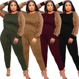 Plus Size Leopard Print Contrast Color Casual Two-Piece Suit  Women Suit