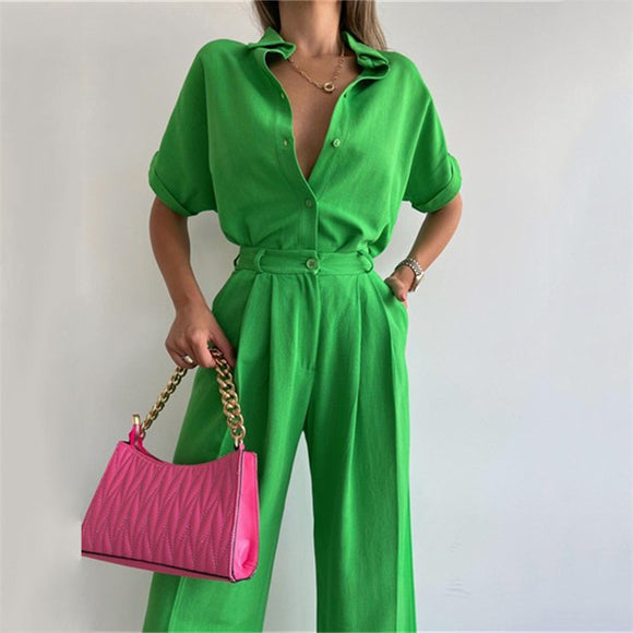 Wide Leg Pants Suit Spring Summer Loose Sleeve Shirt Top Casual Trousers Two Piece Women Clothing
