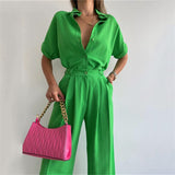 Wide Leg Pants Suit Spring Summer Loose Sleeve Shirt Top Casual Trousers Two Piece Women Clothing