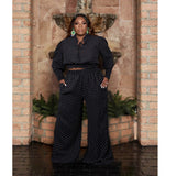 Plus Size Sexy Women Wear Polka Dot Smocking Lace-up Wide-Leg Pants Two-Piece Set