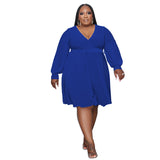 Plus Size Women Solid Color Cross V  neck Belt Loose Knitted Dress
