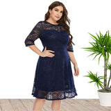 Plus Size Spring Summer  Women Clothes round Neck Lace Dress Mid-Length Formal Dress