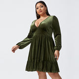 plus Size Fall Winter Women Clothing V neck Waist Controlled Slimming Long Sleeve Sexy Velvet Dress