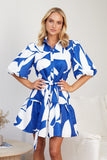 Shirt  Polo Collar Lantern Short Sleeve Belt Holiday Floral Print Dress