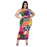 Plus Size Women Leopard Print Letter Graphic Print Vest Split Skirt Set