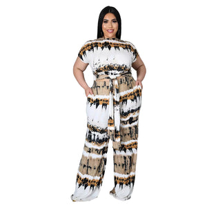 Plus Size Women  Clothes Printed Lace up Double Pocket Comfortable Wide Leg Pants Two-Piece Set