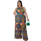 Plus Size Women Clothing Casual Halterneck Printed with Belt Jumpsuit