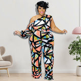 Plus Size Women Clothes Winter off-the-Shoulder Printing Jumpsuit Trousers