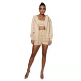 Spring Autumn Urban Casual Solid Color Cardigan Hooded Shorts Women Velvet Long Sleeve Sweatshirt Suit Two Piece Set