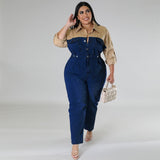 Plus Size Women Clothes Denim Contrast Color Jumpsuit