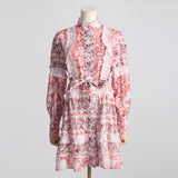 Spring Summer French Stand-up Collar  Lace Lace up Waist Controlled Slimming Lantern Sleeves Dress Stitching Short Dress