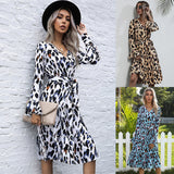 V-neck Lace Up Long Sleeve Dress