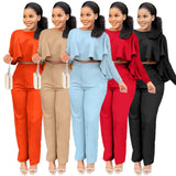 Women Clothing  Front Short Back Long Ruffled Zipper Pocket Straight-Leg Pants Two-Piece Set