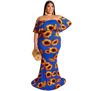 Plus Size Women Clothes Summer Sunflowers Leaf Printed Sexy Tight Dress