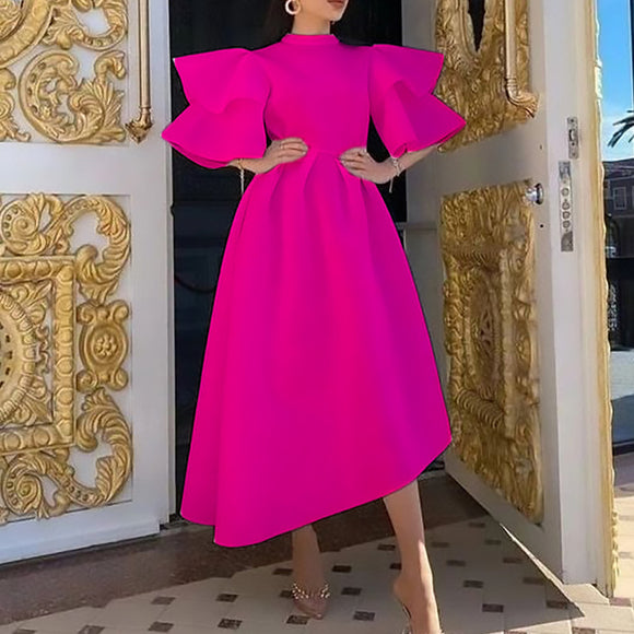 Women Clothing Summer High Neck Ruffle Sleeve High Waist Irregular Asymmetric Cocktail Dress