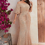 Plus Size Dress Sequin Off The Shoulder Short Sleeve Prom Evening Dress Fishtail Dress