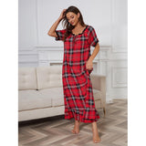 Nightdress Women Short Sleeved Red Plaid Home Pajamas Women