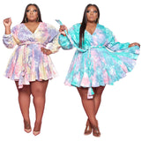 Plus Size Printed V-neck Sexy Woven Large Swing Skirt with Belt  Women Dress