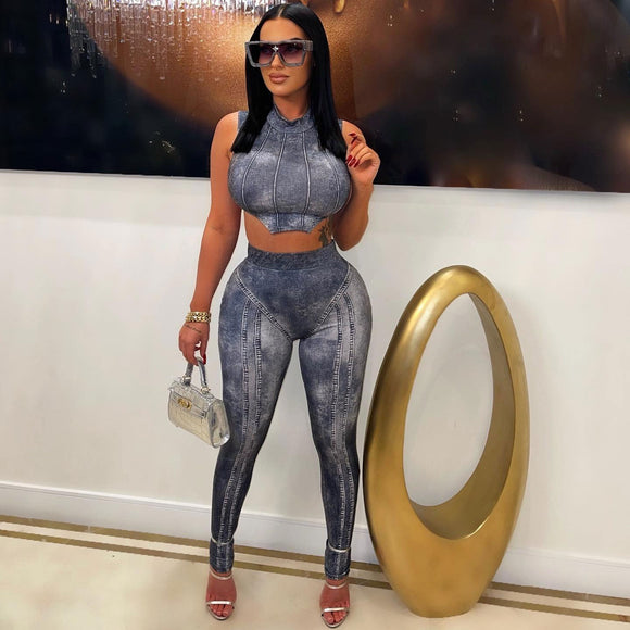 Plus Size Sexy Imitation Denim Printing Suit