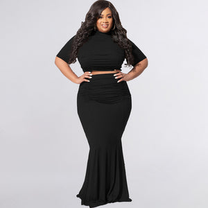 Plus Size Solid Color Short Sleeve Casual Two-Piece Suit  Women Suit