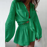 Summer Women Casual Solid Color Ruffles Shorts Long Sleeve Suit