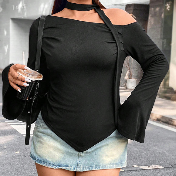 Plus Size Irregular Asymmetric Long Sleeve T shirt off Shoulder Early Autumn Short Slim Bottoming Shirt Top for Women