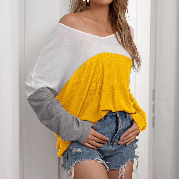 Casual Loose Color Contrast Patchwork Batwing Long Sleeve T shirt plus Size Top for Women
