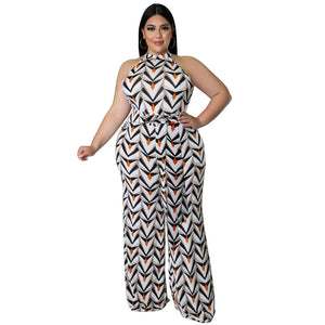 Plus Size Women Clothing Casual Halterneck Printed with Belt Jumpsuit