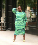 Plus Size Women Clothing Drawstring Printed Sexy Long Sleeve  Dress
