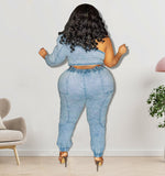 Plus Size Women Clothing Spring Sexy Shoulder Single Sleeve Washing Gray Series Fashion Suit