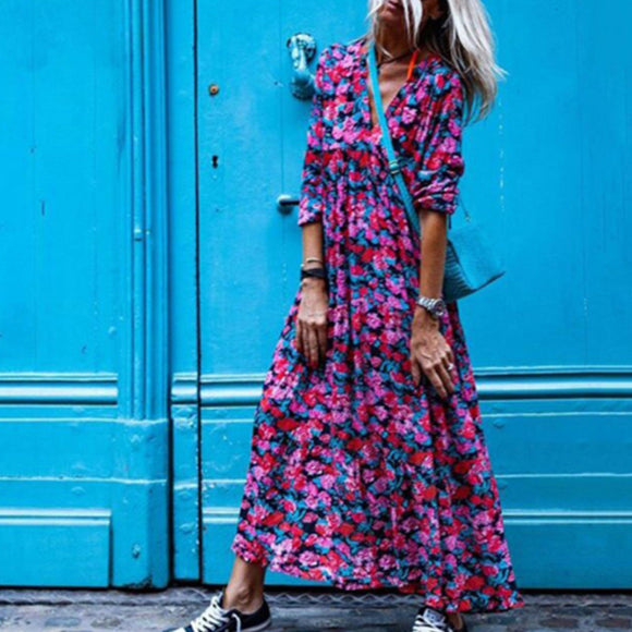 Early printed chiffon high waist commuter V-neck dress