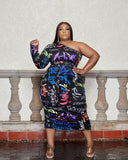 Plus Size Autumn Winter Loose One-Shoulder Crossbody Printed  Lady Maxi Dress