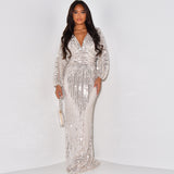 Women Dress Dress Sequined Long Sleeve V Neck Sexy Sequin Maxi Dress