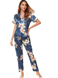 Imitated Silk Pajamas Women Home Wear Two-Piece Short-Sleeved Trousers