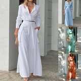 Fall Women Clothing Two Piece Set Simple Solid Color Shirt Casual Set