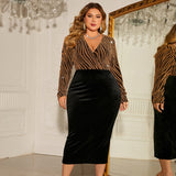 Plus Size Extra Large V neck Long Sleeve Stitching Women Sheath Sexy Dress